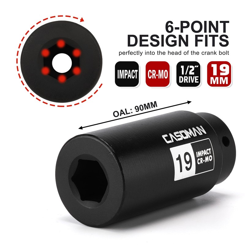 CASOMAN 1/2"Drive 19mm Crank Bolt Socket for Honda, Harmonic Balancer
