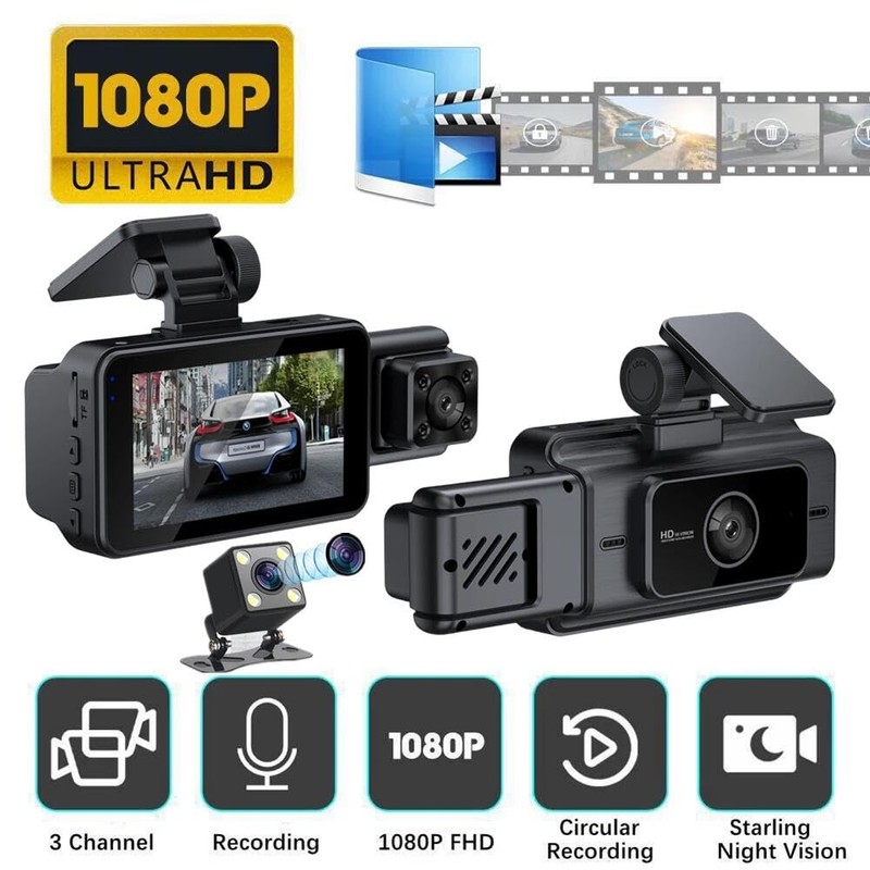 3-Channel Car Dash Cam Wifi 1080p FHD 140° Wide Angle