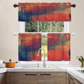 Shrahala Red Orange Old Grunge Tier Curtains for Kitchen Windows, Ancient Texture Yellow Beige Blue Red Orange Green Tier Curtains for Window Curtain, Café, Laundry, Bedroom 26X24 inch