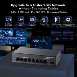 MokerLink 8 Port 2.5G Ethernet Switch with 2x10G SFP+ Slot, 8x2.5G Base-T Ports Compatible with 100/1000Mbps, Mini Size, Metal Unmanaged Fanless Network Switch