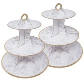 3-Tier Dessert & Cupcake Decorative Serving Tray Stand for Birthdays and All Themed Parties & Events, 2 Serving Towers Per Pack (Carrara Marble)