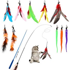 Hianjoo Juego de 12 Piezas para Gatos, 2 Varitas retráctiles de Plumas para Gato, Juguetes interactivos para Gato, con abalorio, Campanas y Plumas Interactive Indoor Toys Set para Gato