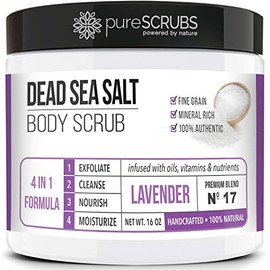 Premium Organic Body Scrub Set - Large 16oz LAVENDER BODY SCRUB - Pure Dead Sea Salt Infused With Organic Essential Oils  Nutrients  FREE Wooden...   