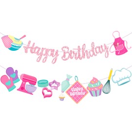 Baking Happy Birthday Banners Glitter Pink Baking Birthday Party Decorations Baking Macaron Banners Bakery Party Decorations Baking Chef Party Decoration for Kids