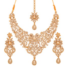 Touchstone Indian Bollywood Traditional Royal Look Attractive Filigree Carving White Rhinestone Grand Bridal Designer Jewelry Necklace Set for Women in Antique Gold Tone