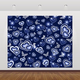Royal Blue Early 2000s Heart Photo Backdrop 10x8ft Glitter Love Heart Butterfly Early 2000s Party Decorations Old School Backdrops Valentine's Day Background Happy Birthday Banner