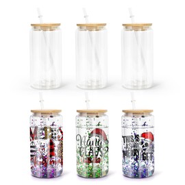 AGH 16oz Sublimation Snow Globe Glass Can Shaped Tumblers with Bamboo Lids and Straws - 25 Pack, Duble Wall Blank Beer Can Clear Glass Ice Coffee Cups with Pre Drilled Hole for Snow Globe DIY