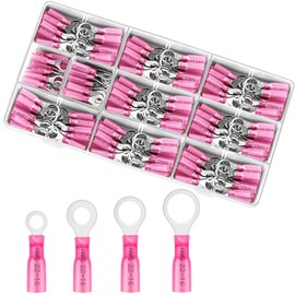 RUNCCI-YUN 120 Pieces Heat Shrink Connectors, 12 V Cable Connectors, Car Electrical Connectors, Crimping Connectors, Ring Cable Lugs, Eyelets, Ring Terminal for 22-16 AWG (Red/4 Sizes #10.1/4", 5/16",