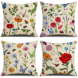 wyooxoo Throw Pillow Covers 18x18 Set of 4 Summer Spring Farmhouse Pillow Covers Floral Decorative Cushion Case for Sofa Couch Outdoor Patio