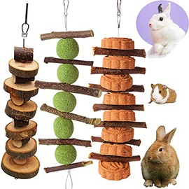 3 PCS Bunny Chew Toys, Natural Organic Apple Wood Sticks with Timothy Balls Grass Cakes and Carrot Apple Wood Sticks Hamster Toys for Guinea Pigs Rabbits Squirrels Gerbils Small Pets' Teeth Care（1）