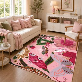 Pink Boho Floral 3x5 Washable Area Rug Flat Woven Ultra Thin Low Pile Coquette Cute Rug Non Slip Indoor Botanical Butterfly Rug for Living Room, Bedroom, Entryway, Nursery, Dorm