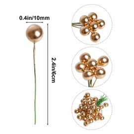 Lystaii 200pcs Artificial Holly Berries Mini 10 mm Christmas Fake Berries with Wire Stems Artificial Berry Fake Berry Stems Picks for Christmas Tree Decorations Wreath Party (Gold and Green Stems)