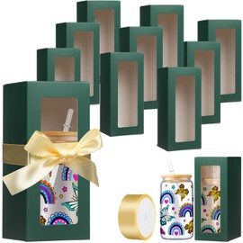 Honoson 24 Pcs Gift Boxes with Ribbon for Sublimation Glass Exhibition Boxes Transparent Gift Box for 12oz 16oz 20oz Drinking Glasses Jars Sublimation Glass Can Blanks Tumbler Gift Box(Green)