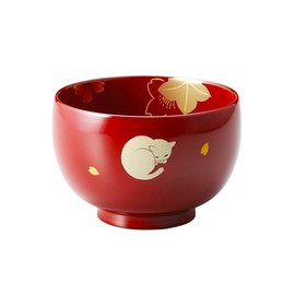 Hogdseirrs Masano "Echizen Lacquerware" Cat Cherry Blossom Soup Bowl, Ancient Vermilion