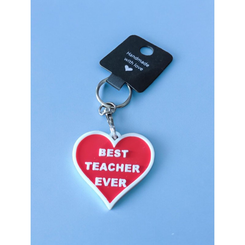 Best Teacher Ever Keyring, Keychain, Heart Shaped, White and Red,