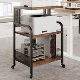 GAOMON Printer Stand, Large Printer Table with Power Outlets and USB Ports, Mobile Printer Stand, 3 Tier Rolling Printer Cart with Adjustable Storage Shelf for Home Office Living, Rustic Brown