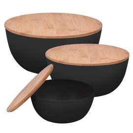 Panghuhu88 Salad Bowl with Lid, Set of 3 (7" + 8.8" + 11") Serving Bowl with Bamboo Cover, Bamboo Fiber Mixing Bowl for Salad Cereal Pasta Soup Fruit Popcorn Chips (Black)