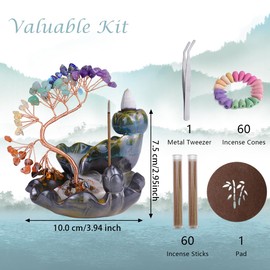 Waterfall Incense Burner, BOJVESH Backflow Incense Holder with Crystals Tree, 7 Chakra Crystal Censer Incense Stick Stand with 60 Incense Cones, 30 Incense Sticks, Aromatherapy Ornament Home Decor