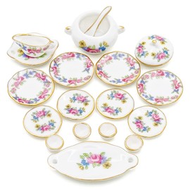 Odoria 1/12 Scale Miniature Dinnerware Set 17Pcs Dollhouse Accessories, Pink Rose