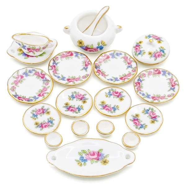 Odoria 1/12 Scale Miniature Dinnerware Set 17Pcs Dollhouse Accessories, Pink