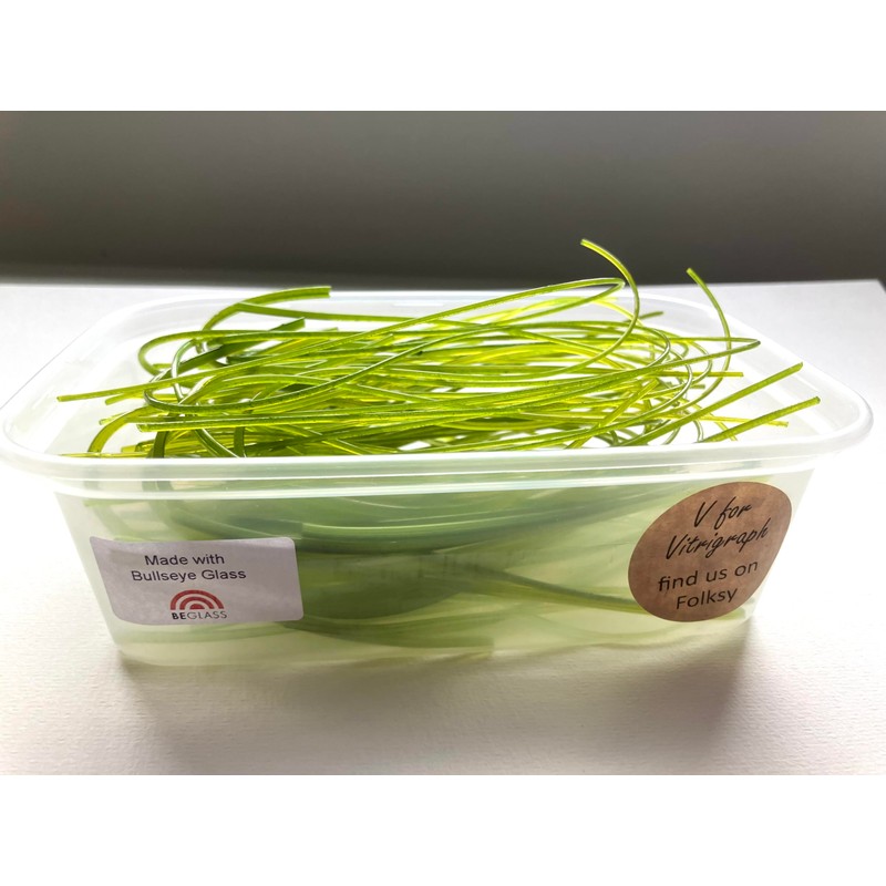 100g mixed green vitrigraph stringers, Bullseye Glass, for glass fusing
