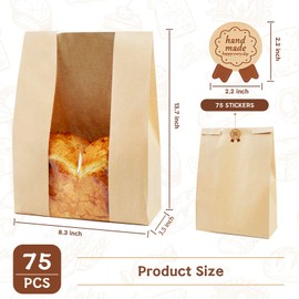 100 Pack Large 14x8.3x3.5in Bread Bags for Homemade Bread, Kraft Paper Bakery Bags with Clear Window & Tin Tie Lock, Thicker Cookie & Snack Storage Bags, Includes 100 Sealing Stickers