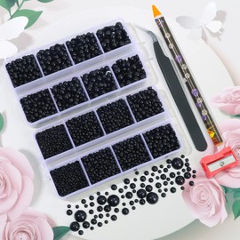 6540PCS Black Resin Flat Back Pearls Rhinestones,Mixed Size 2/3/4/5/6/8/10mm Half Round Pearl Beads Nail Gems Rhinestone with Tweezers and Picker Pencil for Crafts Nail DIY Decoration