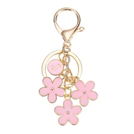 PATIKIL Pink Flower Keychain Charm, Cute Enameled Keychain Initial Floral Keyring with Letter J Charm Pendant for Women Key Handbag Backpack Bag Accessories