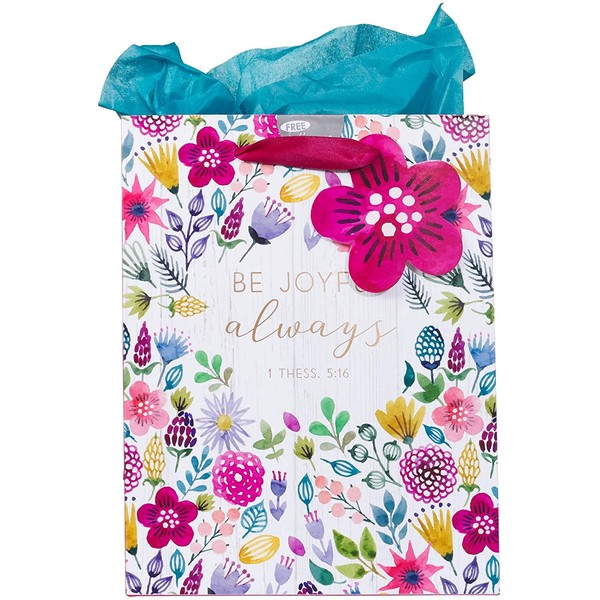 Christian Art Gifts Pink/Teal Floral Gift Bag Set | Be Joyful Always - 1 Thessalonians 5 Bible Verse | Medium Gift Bag with Tissue Paper for Women