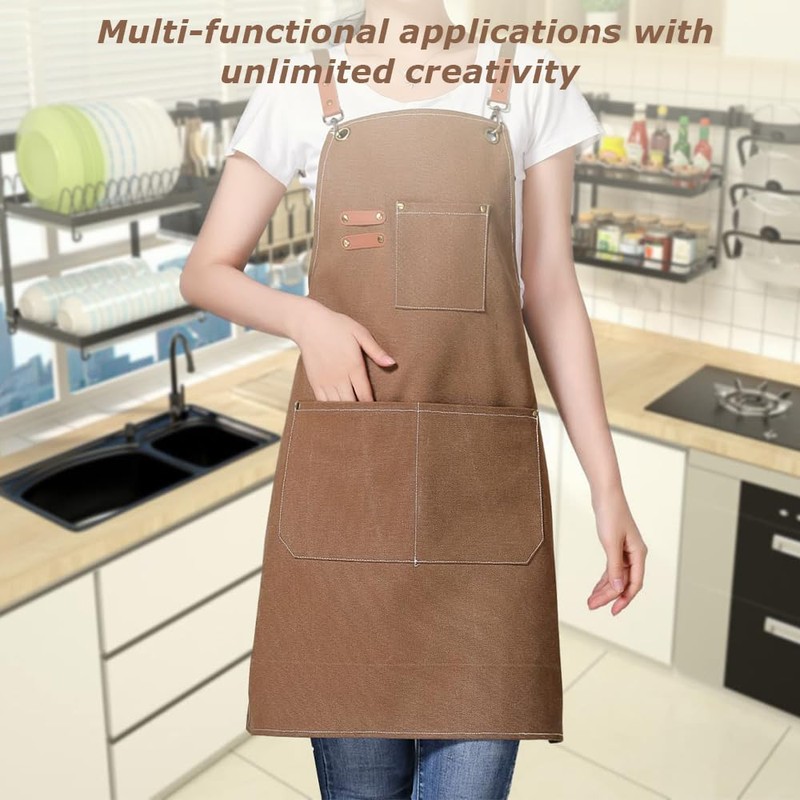 Kitchen Thicken Canvas Apron with Adjustable Straps and Large Pockets,
