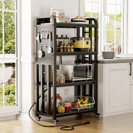 Kitchen Bakers Rack with Power Outlet,With pegboard Bakers Racks, Free Standing Kitchen Storage Shelf Rack, for Living Room, Dining Room, Coffee Bar(Black, 15.75x25.2x55)