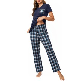 Crewhpo Women's Pyjamas Set Short Sleeve Cotton Pjs Set Soft Loungewear Sleepwear V-Neck Top and Plaid Bottoms with Pockets Blue