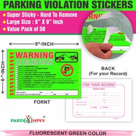 Parking Violation Stickers Notice (Pack of 50) Tow Warning You are Illegally Parked Multi Reasons - Large Size 6" X 9" - Green