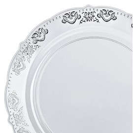 " OCCASIONS " 100 Plates Pack,(50 Guests) Vintage Wedding Party Disposable Plastic Plates Set -50x10.25'' Dinner + 50x7.5'' Salad/Dessert Plate (Portofino in Clear/Silver)