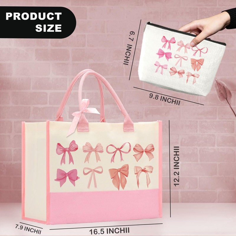 NBIAN Bow Tote Bag 2Pcs Coquette Pink Bow Preppy Makeup