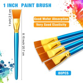 Thenshop 80 Pcs 1 Inch Flat Paint Brushes Watercolor Large Acrylic Paint Brush Synthetic Nylon Oil Painting Brushes Bulk with Wooden Handles for Acrylic Painting Watercolor Oil Crafts Face Body Art