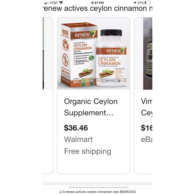 Renew Actives Organic Ceylon Cinnamon 1200mg Dietary Supplement - 60