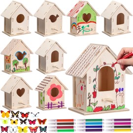 Outus 24 Pcs Wooden DIY Birdhouse Kits for Kids to Build, 4 Shapes Birdhouse Kit Wooden Unfinished with Watercolor Pen and Butterfly Sticker for Boy Girl Arts Crafts (Lovely)