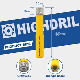 Dry Diamond Core Drill Bit,HIGHDRIL 5Pcs Diameter 10mm 3/8" with Triangle Shank Vacuum Brazed Hole Saw for Concrete Granite Marble Glass Porcelain Tile Masonry Brick