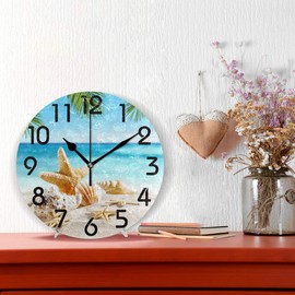 Naanle 3D Beautiful Tropical Summer Beach Starfish Shell on Sand Print Round Wall Clock Decorative, 9.5 Inch Battery Operated Quartz Analog Quiet Desk Clock for Home,Office,School
