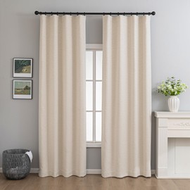 hugmoom 100% Linen Blackout Curtains for Bedroom 84 Inches Long, Rod Pocket Living Room Drapes, Thermal Insulated Beige Blackout Curtains 2 Panels Set, 50" W x 84" L