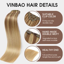 VINBAO 7pcs Human Hair Extensions Clip in Hair Extensions 16 Inch 140g Balayage Ash Brown to Caramel Blonde Hair Extensions Remy Clip in Hair Extensions Straight Thick End (7C#10/16/16-16inch)