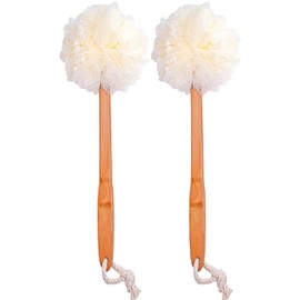 Shower Loofah Body & Back Scrubber - Exfoliating Loofah luffa Bath Brush On a Stick - with Long Wooden Handle Back Brush for Men & Women - Easy Reach Body Wash & Lotion Applicator（ 2 Pack- White）