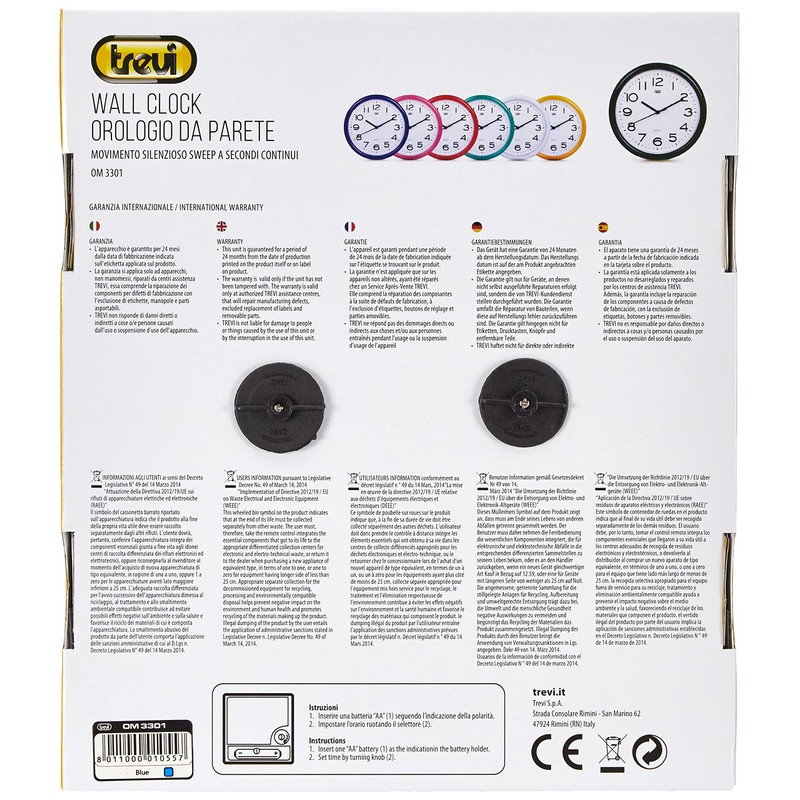 Trevi OM 3301 Wall Clock Quartz with Silent Hands Diameter