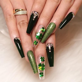 24Pcs St Patricks Day Press On Nails, Black Press On Nails Long Coffin Fake Nails with Green Four Leaf Clover & Rhinestone Glitter Design, Artificial Nails Stick On Nails for Women