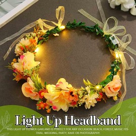 Light Up Floral Headband LED Flower Wreath Crown Headbands Glowing Festival Garland Hair Accessories for Women (White)