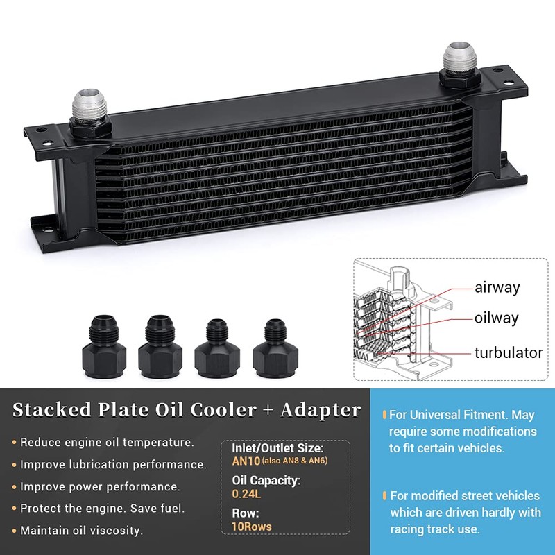 PQY AN10-10AN Stacked Plate Oil Cooler 6AN 8AN Adapter Universal