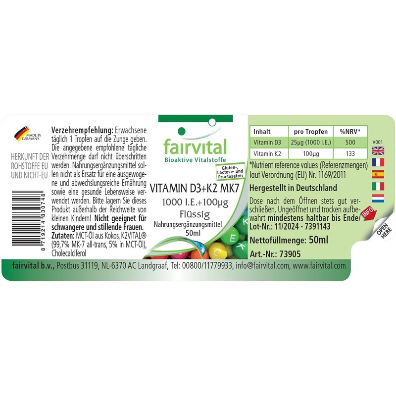 Fairvital Vitamin D3+K2 Drops - 50 ml - All-Trans MK7