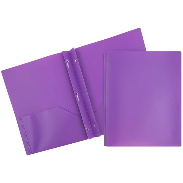 JAM PAPER Plastic Color POP Folders - 2 Pocket Durable Folders with Metal Prongs Fastener Clasps - Purple - 6/Pack