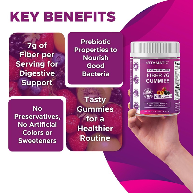 Vitamatic Prebiotic Fiber Gummies for Adults, 7G Extra Strength, Zero